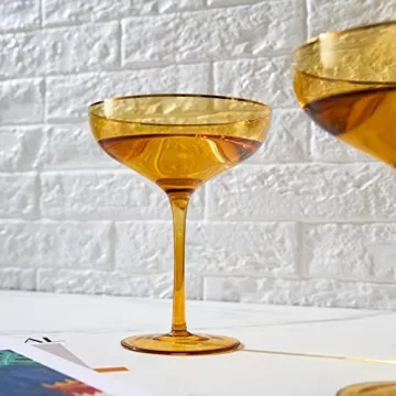 The Wine Savant Colored Sunset Amber & Gilded Rim Coupe Glass, 9oz Cocktail & Champagne Glasses 2-Set Vibrant Color Gold Vintage Tumblers, Margarita, Glassware Gifts, Housewarming Coupes