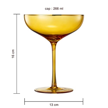 The Wine Savant Colored Sunset Amber & Gilded Rim Coupe Glass, 9oz Cocktail & Champagne Glasses 2-Set Vibrant Color Gold Vintage Tumblers, Margarita, Glassware Gifts, Housewarming Coupes