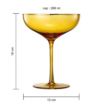 The Wine Savant Colored Sunset Amber & Gilded Rim Coupe Glass, 9oz Cocktail & Champagne Glasses 2-Set Vibrant Color Gold Vintage Tumblers, Margarita, Glassware Gifts, Housewarming Coupes