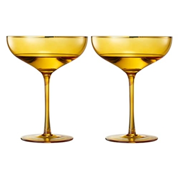 The Wine Savant Colored Sunset Amber & Gilded Rim Coupe Glass, 9oz Cocktail & Champagne Glasses 2-Set Vibrant Color Gold Vintage Tumblers, Margarita, Glassware Gifts, Housewarming Coupes