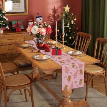 Gingerbread Christmas Decorations Pink Table Runner Pink Tree Glitter Xmas Winter Candy Cane Holiday...