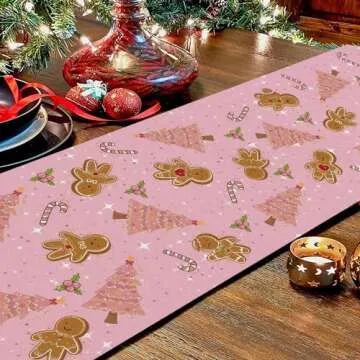 Gingerbread Christmas Decorations Pink Table Runner Pink Tree Glitter Xmas Winter Candy Cane Holiday Kitchen Dining Merry Christmas Table Decor 13x72 inch