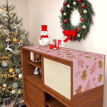 Gingerbread Christmas Decorations Pink Table Runner Pink Tree Glitter Xmas Winter Candy Cane Holiday Kitchen Dining Merry Christmas Table Decor 13x72 inch