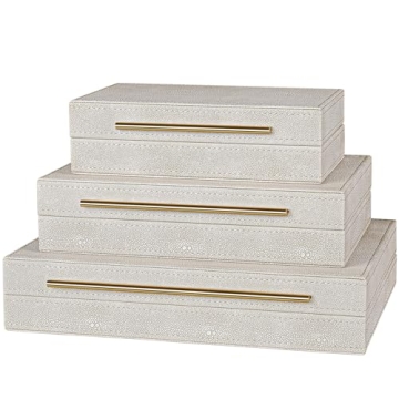 Elegant Set of 3 Ivory Shagreen Decorative Boxes with Velvet Lining and Golden Handles - Versatile H...
