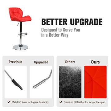 ELECWISH Bar Stools Set of 2 Red PU Leather Seat with Chrome Base Swivel Dining Chair Barstools (Red 2pcs)