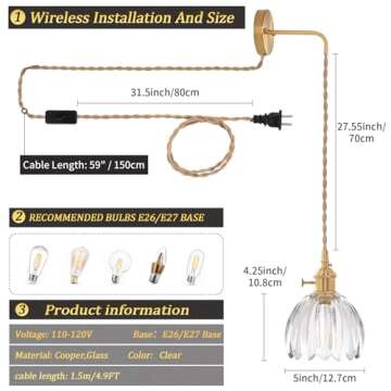 Shenmoyl Vintage Wall Sconce with Adjustable Cord