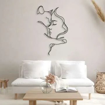 Elegant Cat and Woman Metal Wall Art - Unique Line Art Decor