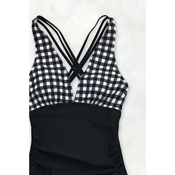 CUPSHE Women's Black White Gingham Ruched Plus Size One Piece Swimsuit, 1X