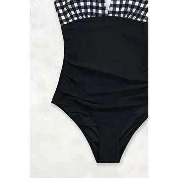 CUPSHE Women's Black White Gingham Ruched Plus Size One Piece Swimsuit, 1X