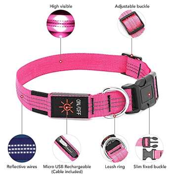PZRLit Light Up Dog Collars,Waterproof LED Dog Collar Rechargeable, Glow in The Dark Dog Collars, Lighted Dog Collar Light for Small Meduim Large Dogs,Safety Dog Light for Night Walking-Pink, Medium