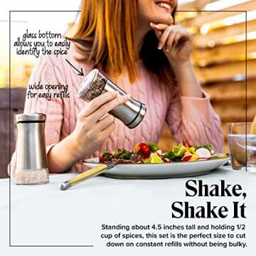 Willow & Everett Salt and Pepper Shaker Set - Stainless Steel & Glass with Adjustable Pour Dial - Ideal for Pre-Ground Spices & Seasoning Blends