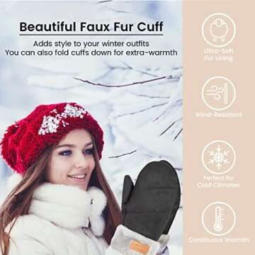 Arctic Paw Warm Black Faux Fur Running Mittens Women Winter Glove Mittens, Black