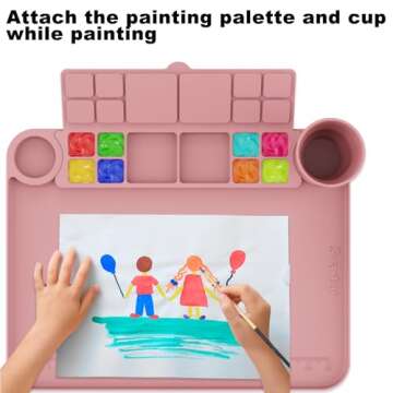 Svartur Silicone Painting Mat with Cup and Palette Removable, 17"X13" Thick Silicone Art Mat for Craft with Raised Edge, Artist Creator Mat Silicone for Resin DIY Making, Coral Pink