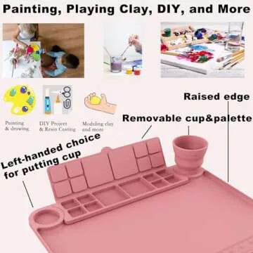 Svartur Silicone Painting Mat with Cup and Palette Removable, 17"X13" Thick Silicone Art Mat for Craft with Raised Edge, Artist Creator Mat Silicone for Resin DIY Making, Coral Pink