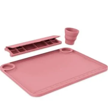 Svartur Silicone Painting Mat with Cup and Palette Removable, 17"X13" Thick Silicone Art Mat for Craft with Raised Edge, Artist Creator Mat Silicone for Resin DIY Making, Coral Pink