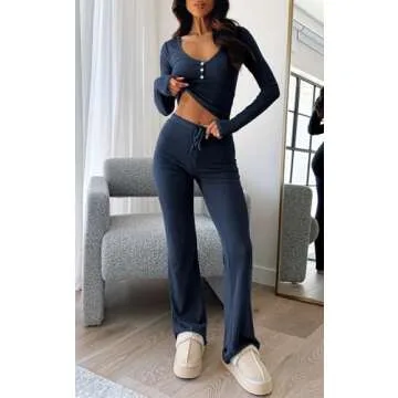 FWBBG Womens 2 Piece Lounge Sets Long Sleeve Crop Tops V Neck Flare Pants Set Fall Y2k Casual Outfits (Navy, L)
