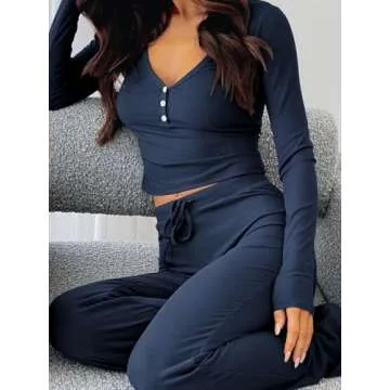 FWBBG Womens 2 Piece Lounge Sets Long Sleeve Crop Tops V Neck Flare Pants Set Fall Y2k Casual Outfits (Navy, L)