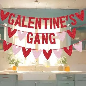 Galentines Gang Banner Glittery Love Heart Banner, No DIY Girls Ladies Galentines Day Party Decorations Valentines Day Fireplace Decor - 3 Pack 10 Feet