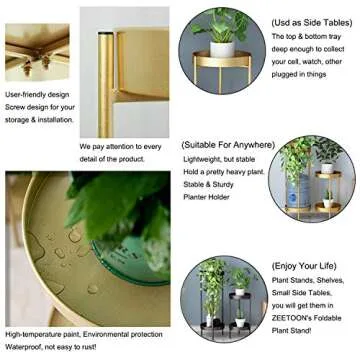 ZEETOON Modern Tall Plants Stand, Orchid Display Rack Potted Plant Holder Gold Metal Shelf 2 Round Tray Set, Foldable Sturdy Flowers Pot Base for Indoor Outdoor Home Decor Fit Up-to 12 Inch Planter
