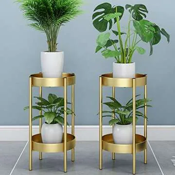 ZEETOON Modern Tall Plants Stand, Orchid Display Rack Potted Plant Holder Gold Metal Shelf 2 Round Tray Set, Foldable Sturdy Flowers Pot Base for Indoor Outdoor Home Decor Fit Up-to 12 Inch Planter