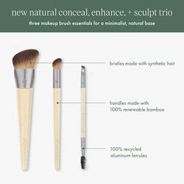 EcoTools New Natural Conceal, Enhance, & Sculpt Trio, Makeup Brushes For Foundation, Concealer, & Brows, Dense, Synthetic Bristles For Sculpting Face, Vegan & Cruelty-Free, 3 Piece Set