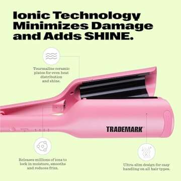Trademark Beauty Hair Waver - Double Barrel Hair Crimper, Beach Waves Curling Iron, Babe Waves X, Adjustable Temperature Hair Curler, Hair Styling Tools, 1.25" - Pink