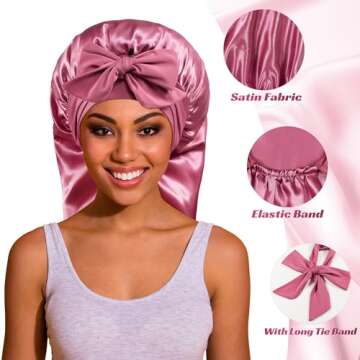ROYBENS Long Bonnet Satin Hair Silk Bonnet for Sleeping Women, Silky Bonnets for Women with Tie Band...