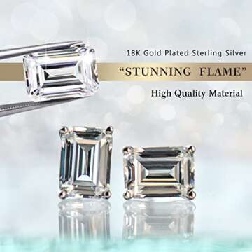 "STUNNING FLAME" 18K White Gold Plated 925 Sterling Silver Cubic Zirconia Emerald Cut Stud Earrings | CZ Studs for Women (Emerald,6)