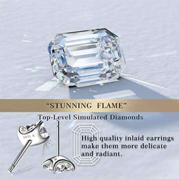 "STUNNING FLAME" 18K White Gold Plated 925 Sterling Silver Cubic Zirconia Emerald Cut Stud Earrings | CZ Studs for Women (Emerald,6)