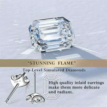 "STUNNING FLAME" 18K White Gold Plated 925 Sterling Silver Cubic Zirconia Emerald Cut Stud Earrings | CZ Studs for Women (Emerald,6)