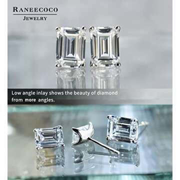 "STUNNING FLAME" 18K White Gold Plated 925 Sterling Silver Cubic Zirconia Emerald Cut Stud Earrings | CZ Studs for Women (Emerald,6)