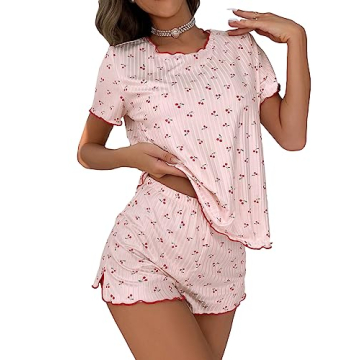 SOLY HUX Pajama Set for Women Cute Print Short Sleeve Tee and Shorts Lounge Sleepwear Light Pink Che...