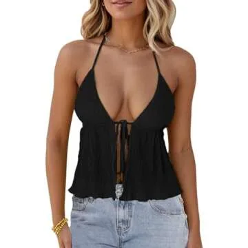 Women Y2k Front Tie Crop Tops Halter Neck Flowy Plisse Summer Going Out Top Sexy Split Sleeveless Cami Shirt (US, Alpha, Small, Regular, Regular, Black)