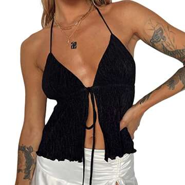 Women Y2k Front Tie Crop Tops Halter Neck Flowy Plisse Summer Going Out Top Sexy Split Sleeveless Cami Shirt (US, Alpha, Small, Regular, Regular, Black)