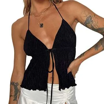 Women Y2k Front Tie Crop Tops Halter Neck Flowy Plisse Summer Going Out Top Sexy Split Sleeveless Cami Shirt (US, Alpha, Small, Regular, Regular, Black)