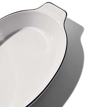 Made In Cookware - Oval Baking Dish - Navy Rim - Hand Crafted Porcelain - Professional Bakeware - Made in France