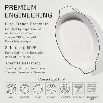 Made In Cookware - Oval Baking Dish - Navy Rim - Hand Crafted Porcelain - Professional Bakeware - Made in France