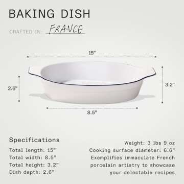 Made In Cookware - Oval Baking Dish - Navy Rim - Hand Crafted Porcelain - Professional Bakeware - Made in France