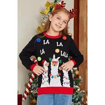 Funnycokid Kids Ugly Christmas Sweaters Boys Girls Size 8 10 Holiday Xmas Llama Black Top Youth 8-10 Years Long Sleeve Crew Neck
