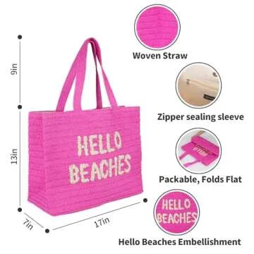 Hello Beaches A Packable Beach Bag | The Straw Vacation Beach Tote Bag | Beach Bags for Women Vacation | Large Beach Bag | Travel Beach Bag Or Pool Bag | Beach Essential