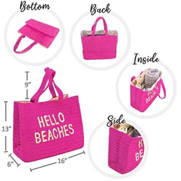 Hello Beaches A Packable Beach Bag | The Straw Vacation Beach Tote Bag | Beach Bags for Women Vacation | Large Beach Bag | Travel Beach Bag Or Pool Bag | Beach Essential