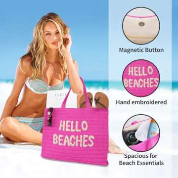 Hello Beaches A Packable Beach Bag | The Straw Vacation Beach Tote Bag | Beach Bags for Women Vacation | Large Beach Bag | Travel Beach Bag Or Pool Bag | Beach Essential