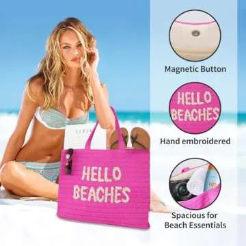 Hello Beaches A Packable Beach Bag | The Straw Vacation Beach Tote Bag | Beach Bags for Women Vacation | Large Beach Bag | Travel Beach Bag Or Pool Bag | Beach Essential