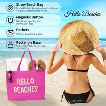 Hello Beaches A Packable Beach Bag | The Straw Vacation Beach Tote Bag | Beach Bags for Women Vacation | Large Beach Bag | Travel Beach Bag Or Pool Bag | Beach Essential