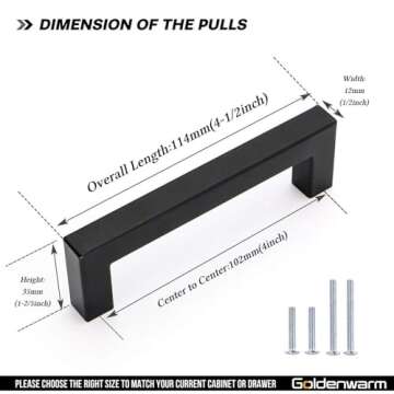 Goldenwarm 10 Pack Black Square Bar Cabinet Pull Drawer Handle Stainless Steel Modern Hardware for K...