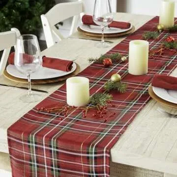 DII Red Tartan Plaid Holiday Table Runner 14x108