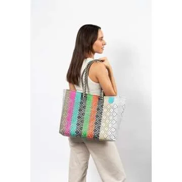 Maya Super Tote, Handwoven Recycled Plastic Tote, Mexican Woven Bag, Beach Bag, Summer Bag, Multi-Color Beach Bag, Water-Resistant Tote