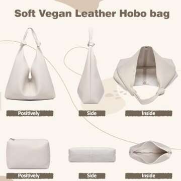 Vegan Leather Hobo Purses set, Slouchy Shoulder Bag Knotted Hobo Bags for Women with a small purse (beige)