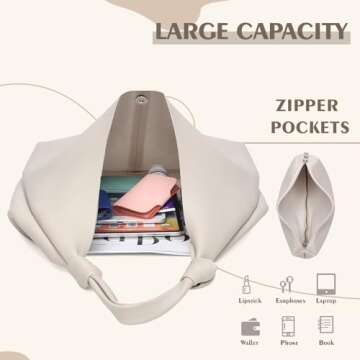 Vegan Leather Hobo Purses set, Slouchy Shoulder Bag Knotted Hobo Bags for Women with a small purse (beige)