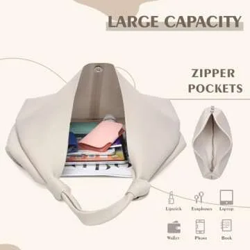 Vegan Leather Hobo Purses set, Slouchy Shoulder Bag Knotted Hobo Bags for Women with a small purse (beige)